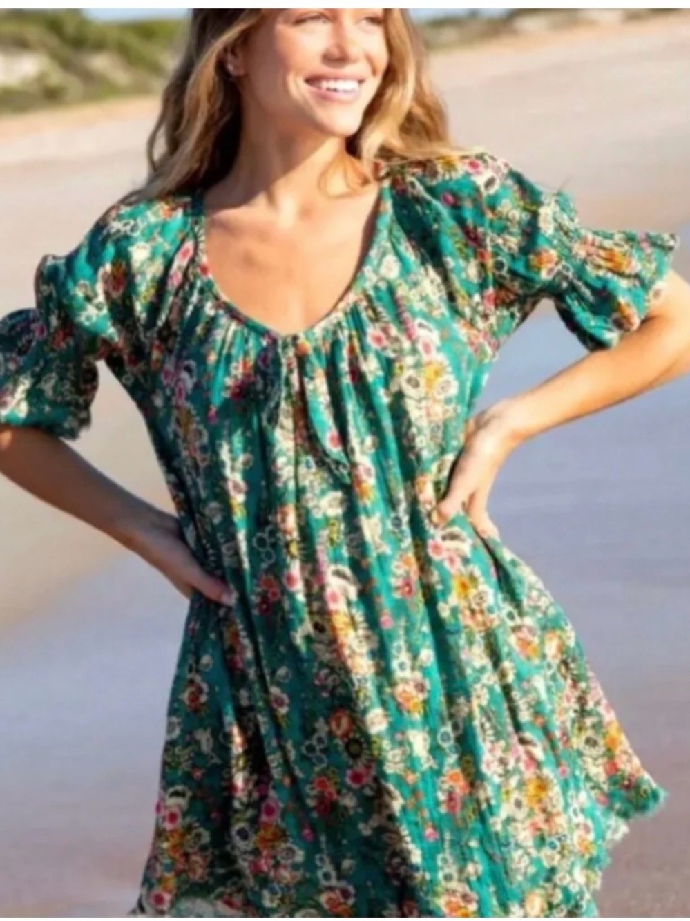 NATURAL LIFE Teal Floral Tie-Front Dress L/XL
